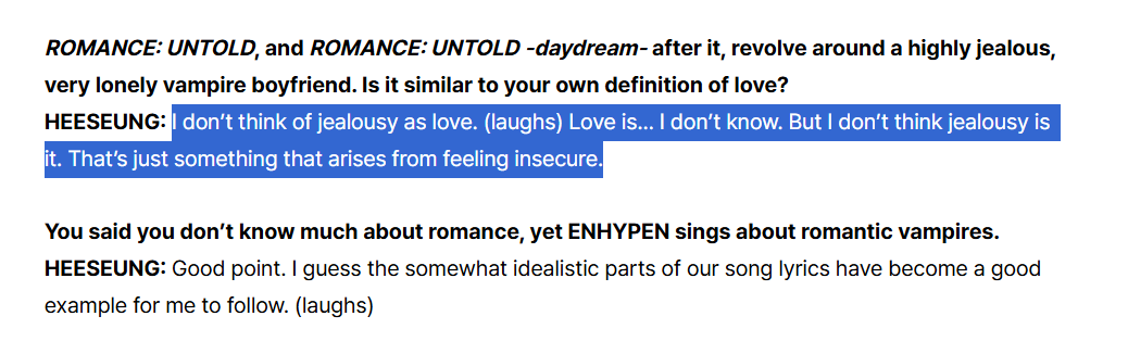 heeseungcokr's tweet photo. 🦌 I don’t think of jealousy as love. (laughs) Love is… I don’t know. But I don’t think jealousy is it. That’s just something that arises from feeling insecure

HEESEUNG IS SO 😵‍💫😢 https://t.co/cLAfwW2xOY