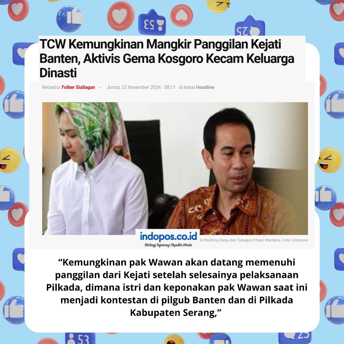 zebraputih4's tweet photo. Usut tuntas sampe akar jangan sampai Dinasti Korupsi merajalela di Banten👊 #dinastikorupsi #korupsi #dinastipolitik #airin #airinrachmidiany #pilgubbanten #andrasoni #kajatibanten #banten #wawan #suamiairin https://t.co/gdZX5XYggA
