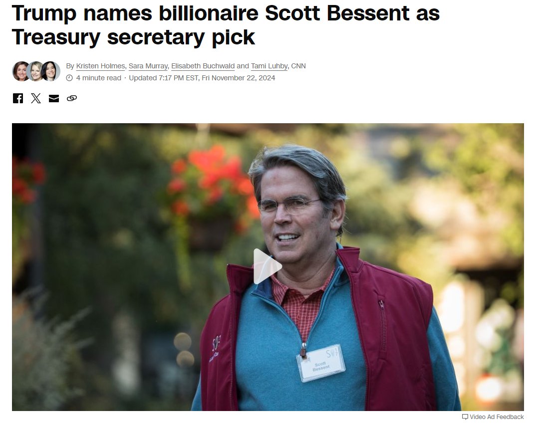 JUST IN 🚨: President Donald Trump selects Pro-Crypto Billionaire Scott  Bessent as the U.S. Treasury Secretary