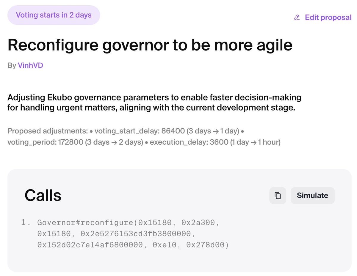 🗳️ $EKUBO holders, get ready to vote on the latest proposal on <a href="/EkuboProtocol/">Ekubo</a>  DAO “Reconfigure governor to be more agile” 🔥

Check it out👉 app.ekubo.org/governance/pro…

Why the Changes?

Previously, the 3-day delay gave proposers more time to address feedback or cancel proposals if