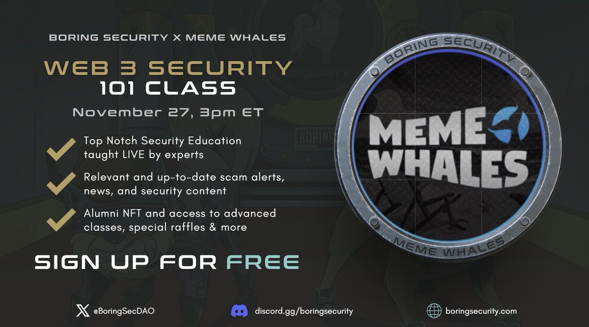 PARTNERSHIP ANNOUNCEMENT 🎉

We’re excited to announce our new partnership with <a href="/BoringSecDAO/">Boring Security</a>🔥 

To kick off this new collaboration, they will host an online course called [Web3 Security 101] on our Discord on Nov 27 ♥️

See details below 👇👇👇

PHWAAAAAAAAAAARGH!!! 🐳🐳🐳