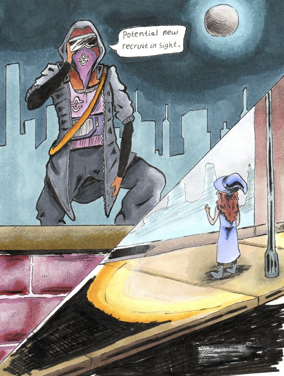 Besides the part where I just forgot how hands work in this one, I really like it. This is Sirith, scouting new recruits. Looks like he has Mandala in sight. #Lilacsandgingersnaps #LAGcomics #alcoholmarkers #comicart