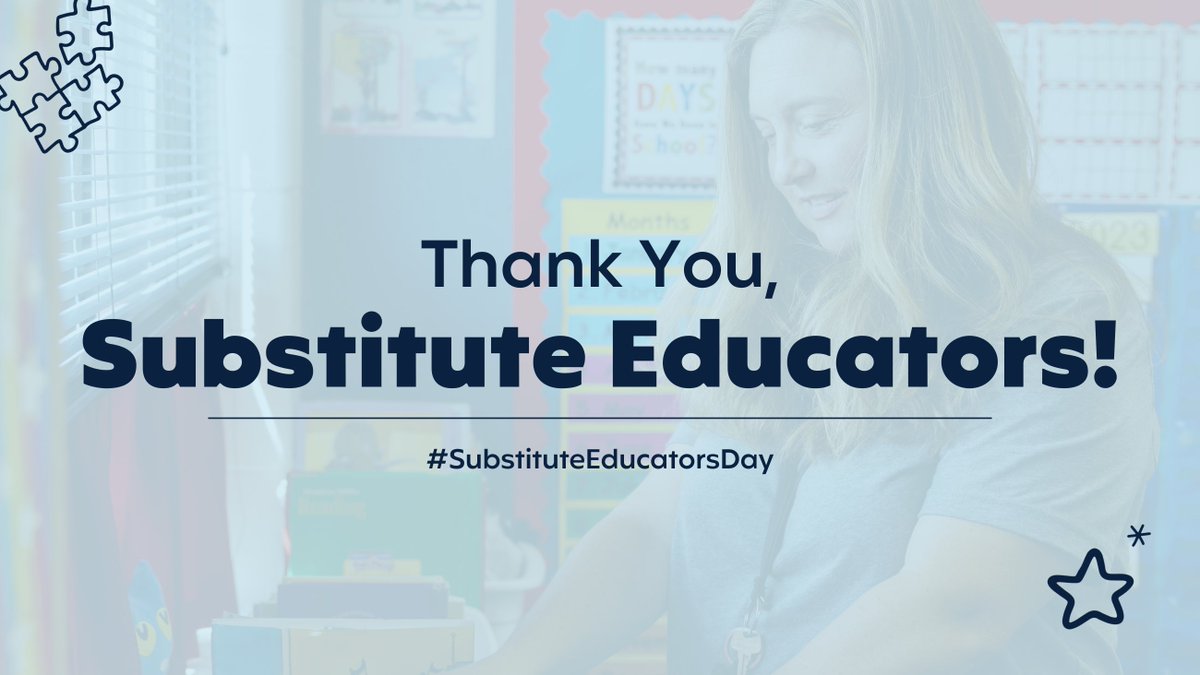 Happy Substitute Educators Day!

Thank you to all the amazing Substitute Educators who save the day to step in, often on short notice, to ensure that quality education is maintained for students when their classroom teacher is away!

#ThankYouSubstitutes #SubstituteEducatorDay