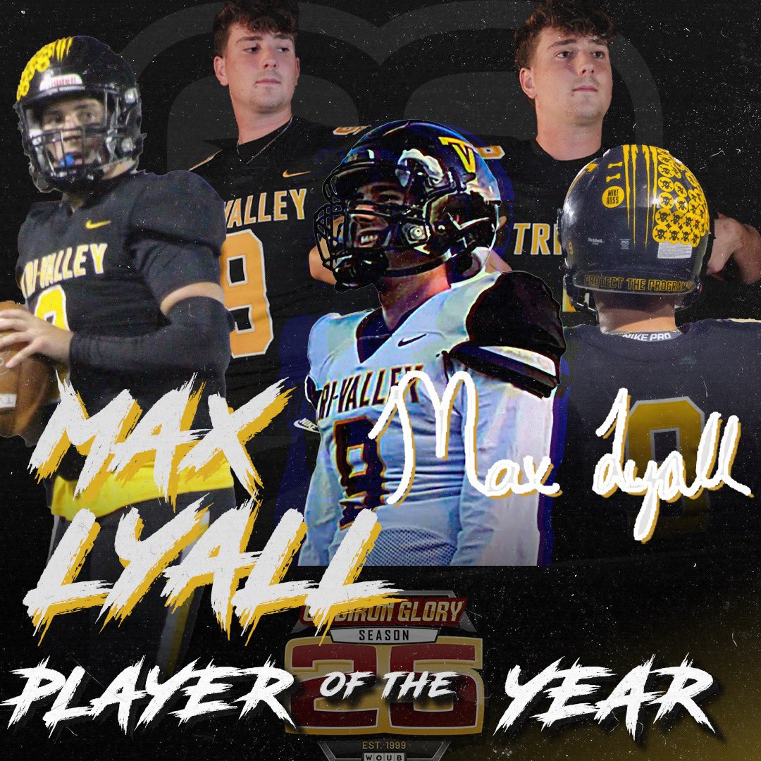 gridironglory's tweet photo. Our last Player of the Year candidate is Tri-Valley Senior Quarterback Max Lyall. 🟡

The pocket passer had a 30-3 TD/INT ratio while grabbing another score with his legs. 

An efficient passer at 64%, he threw for 2,089 yards this year. 

@maxlyall1 https://t.co/i9Iwq9iKi6