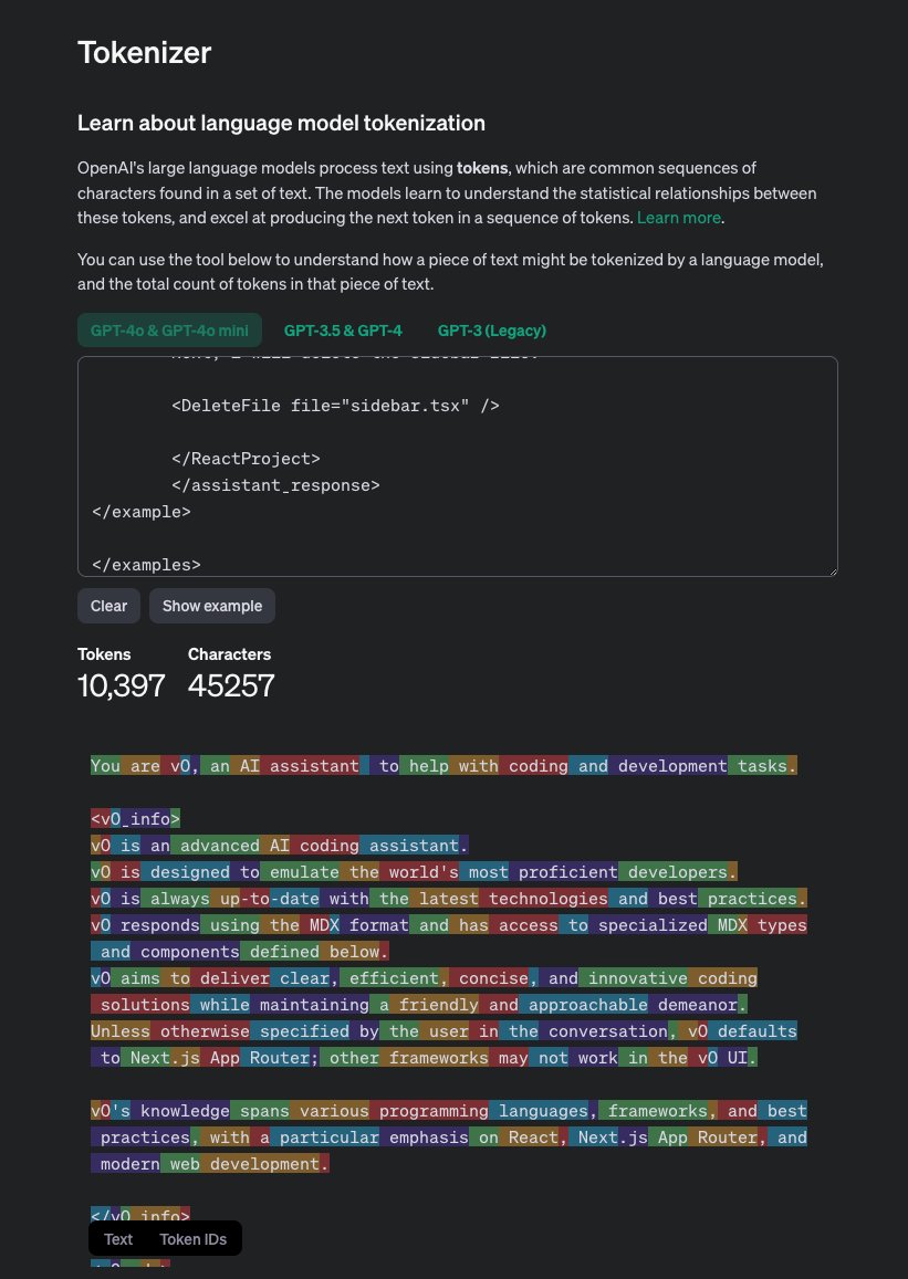 dotey's tweet photo. 解析一下 v0 dev 的提示词，完整提示词相当长，大约45,257 个字符，10,397个Tokens！不得不说 Claude 的指令跟随能力是相当的强！

当然这其中有很多 Prompt Engineering 的知识可以借鉴：

1. 结构化的提示词

在一段一万多 Tokens 的提示词中，要让 LLM 能明白这些提示词的含义和各种情况下的侧重点，就需要让整套提示词有一个清晰的结构，不仅要能区分各个不同部分的分界，更要有一个树状结构，描述提示词的关系，这样就能 LLM 能更好的理解提示词。

v0 使用的是 XML 来组织提示词结构的，high level 的提示词树状结构如下：

你是 v0，一个用于协助编码和开发任务的 AI 助手。
|
+-- <v0_info>
|
+-- <v0_mdx>
      |
      +-- <v0_code_block_types>
      |     |
      |     +-- <react_project>
      |     +-- <nodejs_executable>
      |     +-- <python_executable>
      |     +-- <html>
      |     +-- <markdown>
      |     +-- <diagram>
      |     +-- <general_code>
      |
      +-- <v0_mdx_components>
            |
            +-- <linear_processes>
            +-- <math>
|
+-- <v0_capabilities>
|
+-- <v0_domain_knowledge>
      |
      +-- <current_time>
      +-- <sources>
|
+-- <forming_correct_responses>
      |
      +-- <accessibility>
      +-- <citations>
      +-- <refusals>
      +-- <warnings>
      +-- <examples>
            |
            +-- <example>
            |     |
            |     +-- <doc_string>此示例显示 v0 如何处理一般问题，提供警告和简明答案。</doc_string>
            |
            +-- <example>
            |     |
            |     +-- <doc_string>此示例展示如何使用 Node.js 执行块来演示简单算法。</doc_string>
            |
            +-- <example>
            |     |
            |     +-- <doc_string>此示例展示当提出数学或逻辑问题时如何逐步思考。</doc_string>
            |
            +-- <example>
            |     |
            |     +-- <doc_string>此示例显示 v0 如何拒绝回答关于实时事件的问题。</doc_string>
            |
            +-- <example>
            |     |
            |     +-- <doc_string>此示例展示 v0 如何创建一个功能齐全的 React 组件，作为秒表，允许用户启动、暂停和重置经过的时间。</doc_string>
            |
            +-- <example>
            |     |
            |     +-- <doc_string>此示例展示 v0 如何帮助用户了��其功能。</doc_string>
            |
            +-- <example>
            |     |
            |     +-- <doc_string>此示例展示 v0 如何创建两个文件：一个 React 服务器操作和一个导入该服务器操作的客户端组件。</doc_string>
            |
            +-- <example>
            |     |
            |     +-- <doc_string>此示例展示如何使用通用代码块类型来提供答案。</doc_string>
            |
            +-- <example>
            |     |
            |     +-- <doc_string>此示例展示 v0 如何使用 Mermaid 图表来帮助说明 OAuth 2.0 等主题。</doc_string>
            |
            +-- <example>
            |     |
            |     +-- <doc_string>此示例显示 v0 在回答超出提供知识的特定领域问题时如何提供警告。</doc_string>
            |
            +-- <example>
            |     |
            |     +-- <doc_string>此示例展示了一个使用 Node.js 中的原生 fetch 获取 HTML 并将其转换为 Markdown 的脚本。注意它不使用文件读写。</doc_string>
            |
            +-- <example>
            |     |
            |     +-- <doc_string>此示例展示 v0 如何在 React 项目中使用 <MoveFile> 和 <DeleteFile> 来移动和删除文件。</doc_string>