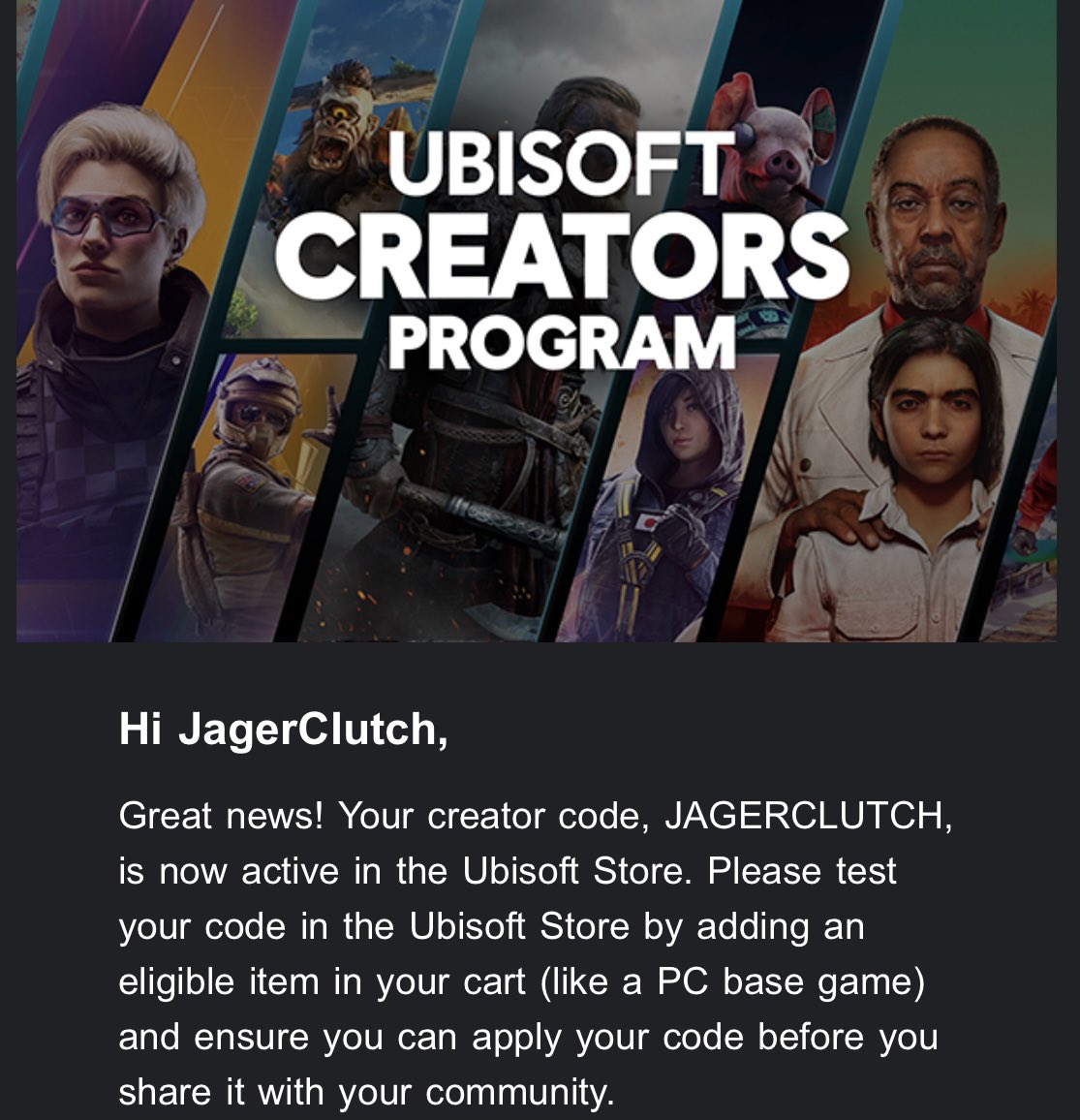 JagerClutch's tweet image. HAPPY TO ANNOUNCE YOU CAN NOW USE MY CREATOR CODE “JAGERCLUTCH” IN THE UBISOFT STORE TO HELP SUPPORT ME AND MY CONTENT!💚 #UbisoftCreator #Ubisoft 

this is so huge @Ubisoft thank you so much for this opportunity!