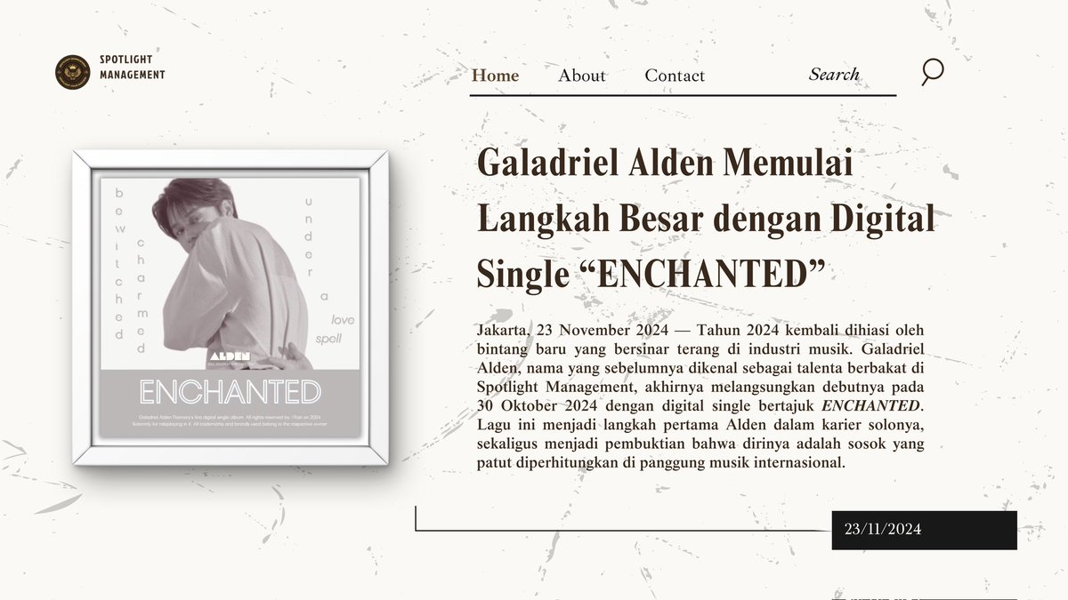 🌐 𝐒𝐏𝐎𝐓𝐋𝐈𝐆𝐇𝐓 𝐀𝐑𝐓𝐈𝐂𝐋𝐄 𝐔𝐏𝐃𝐀𝐓𝐄! 

“Galadriel Alden Memulai Langkah Besar dengan Digital Single 𝑬𝑵𝑪𝑯𝑨𝑵𝑻𝑬𝑫” — 23/11/2024

𝐀𝐫𝐭𝐢𝐤𝐞𝐥 𝐥𝐞𝐧𝐠𝐤𝐚𝐩: (spotlight-management.notion.site/Galadriel-Alde…)