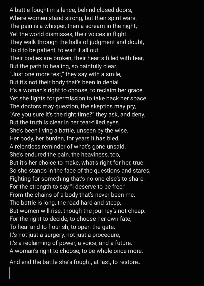 CammoKitty1996's tweet photo. Just a little something I wrote while dealing with being on year 5, fighting to get a hysterectomy. Because, the reality is, us womb holders don't actually have a choice on what we do with our bodies. https://t.co/lf60OuWGJp