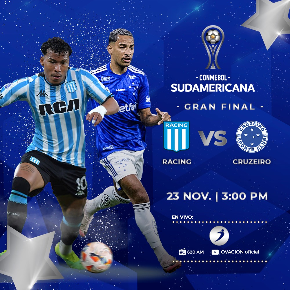 ovacionweb's tweet photo. ¡GRAN FINAL POR OVACIÓN! 🏆
Este sábado 23/11 desde las 3:00 PM vive el #Racing vs #Cruzeiro por la final de la  #CopaSudamericana 🏆.
🎙️Narra: @anibal_04
🎙️Comenta: @Ivan300308 y @chapa_nomas
🎙️Reportero: @leivaita
🎙️Voz Comercial: Freddy Cavero

📌 Disfruta de los encuentros por Ovación.
📻620 AM | 🌐https://t.co/n2QYJgudbq