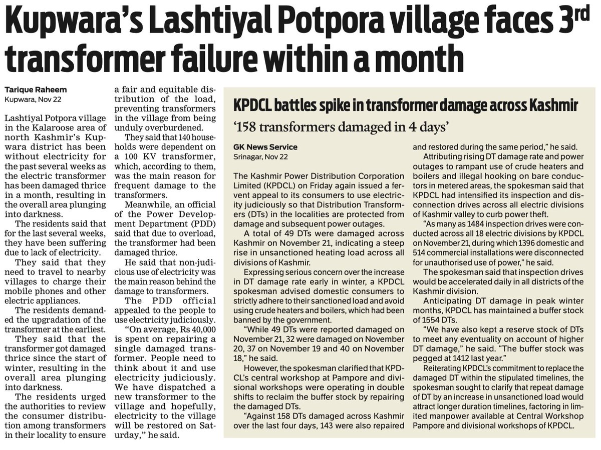 kpdcloffice's tweet photo. #KPDCL reacts: 
Non-judicious use of electricity &amp; unsanctioned heating load is the primary cause of repeated DT damage in📍Lashtiyal Potpora village, Kalaroos.
Pl use power judiciously. 
@diprjk @OfficeOfLGJandK @nasirsogami @DullooAtal @MinOfPower @GreaterKashmir @mussarat_zia https://t.co/m83xUQvPwa