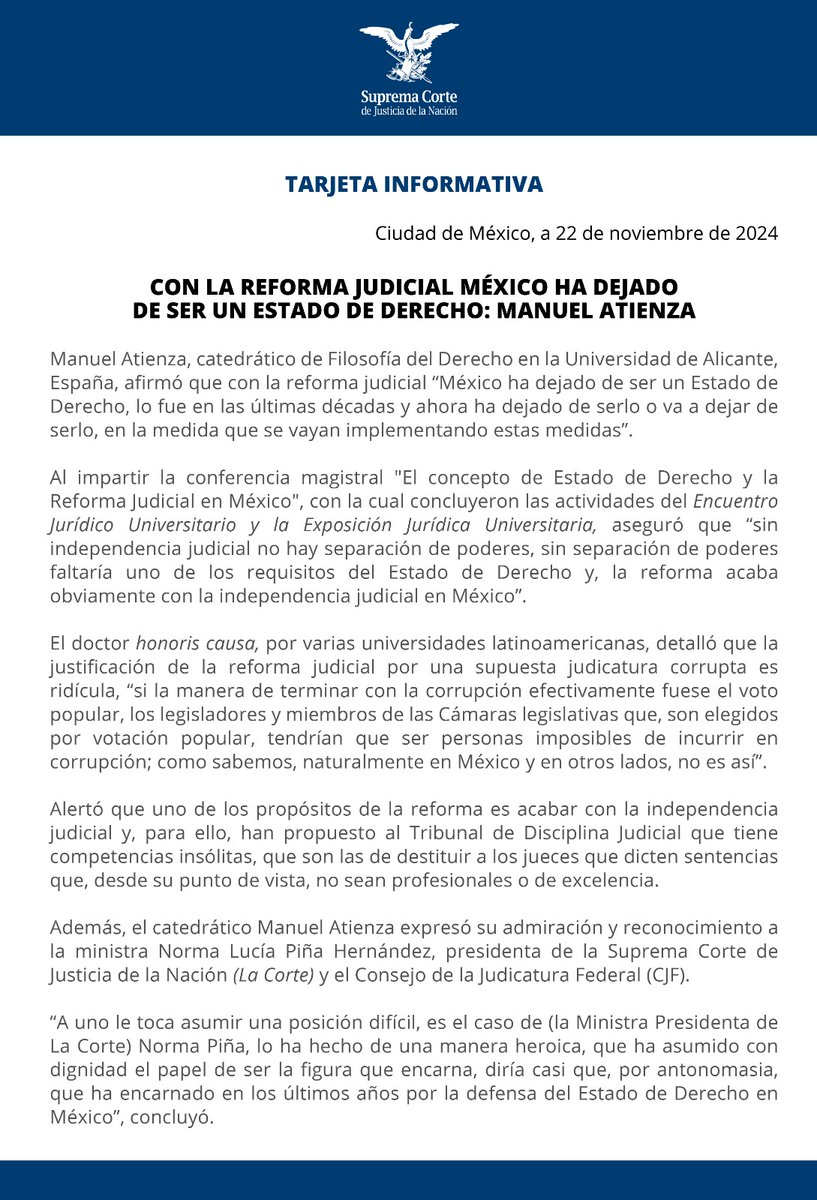 El catedrático Manuel Atienza impartió la conferencia magistral "El concepto de Estado de Derecho y la Reforma Judicial en México", con la cual concluyeron las actividades del #EncuentroUniversitarioPJF. 
Escucha su conferencia aquí: acortar.link/QOJ8lq