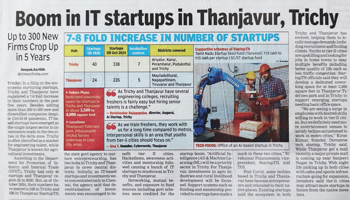 UpdatesTanjore's tweet photo. IT startups trigger boom in Thanjavur, Trichy 🔥📊✅

article: @dkarthikTOI 👏🏻 https://t.co/XIoUV0332r