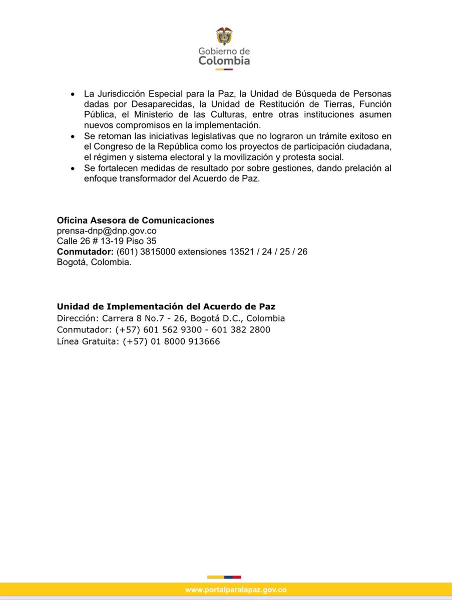#Comunicado📝El Gobierno Nacional presentó al país un Plan Marco de Implementación ajustado que recupera la visión integral y transformadora del #AcuerdoDePaz firmado en 2016. Con este hecho cumplimos con el Acuerdo y avanzamos en la superación de uno de sus principales rezagos.
