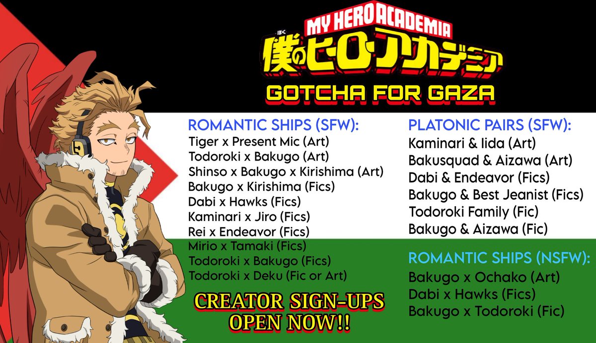 CREATOR SIGN-UPS OPEN ‼️

PINCH-HITTERS NEEDED! 

ROMANTIC &amp; PLATONIC PAIRS UNCLAIMED ARE LISTED BELOW!

ALL AGES WELCOME ✨️

WE NEED #MHA ARTISTS &amp; WRITERS TO HELP FULFILL OVER 45 SFW &amp; 15 NSFW PROMPTS!

#MyHeroAcademia #mhatwt

CREATOR SIGNUP FORM 🪶
forms.gle/RmorLQKxo9ucSg…