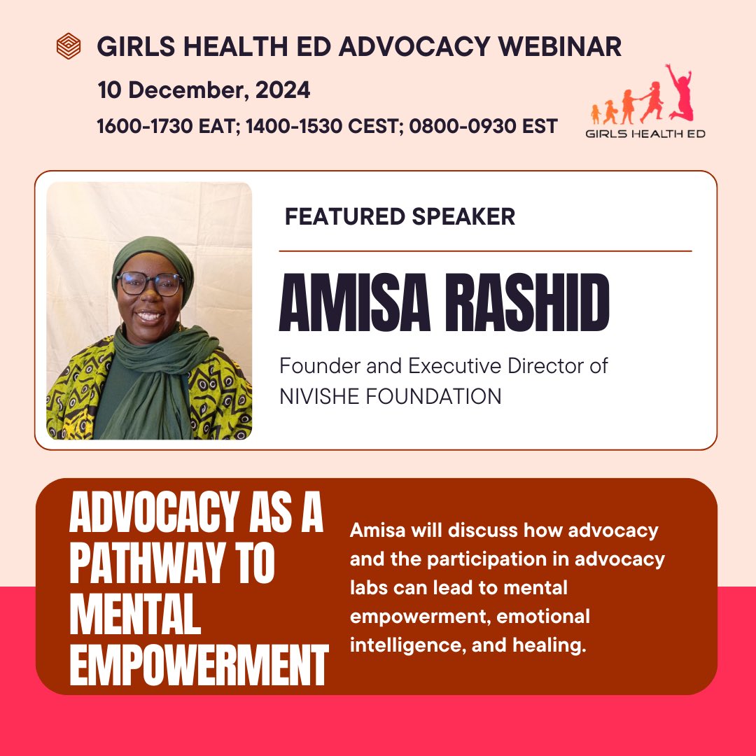 We would like to introduce our next #webinar speaker, Amisa Rashid. Amisa is the Founder and Executive Director of the NIVISHE FOUNDATION and will discuss the benefits of participating in #advocacy labs. Visit docs.google.com/forms/d/e/1FAI… to register.