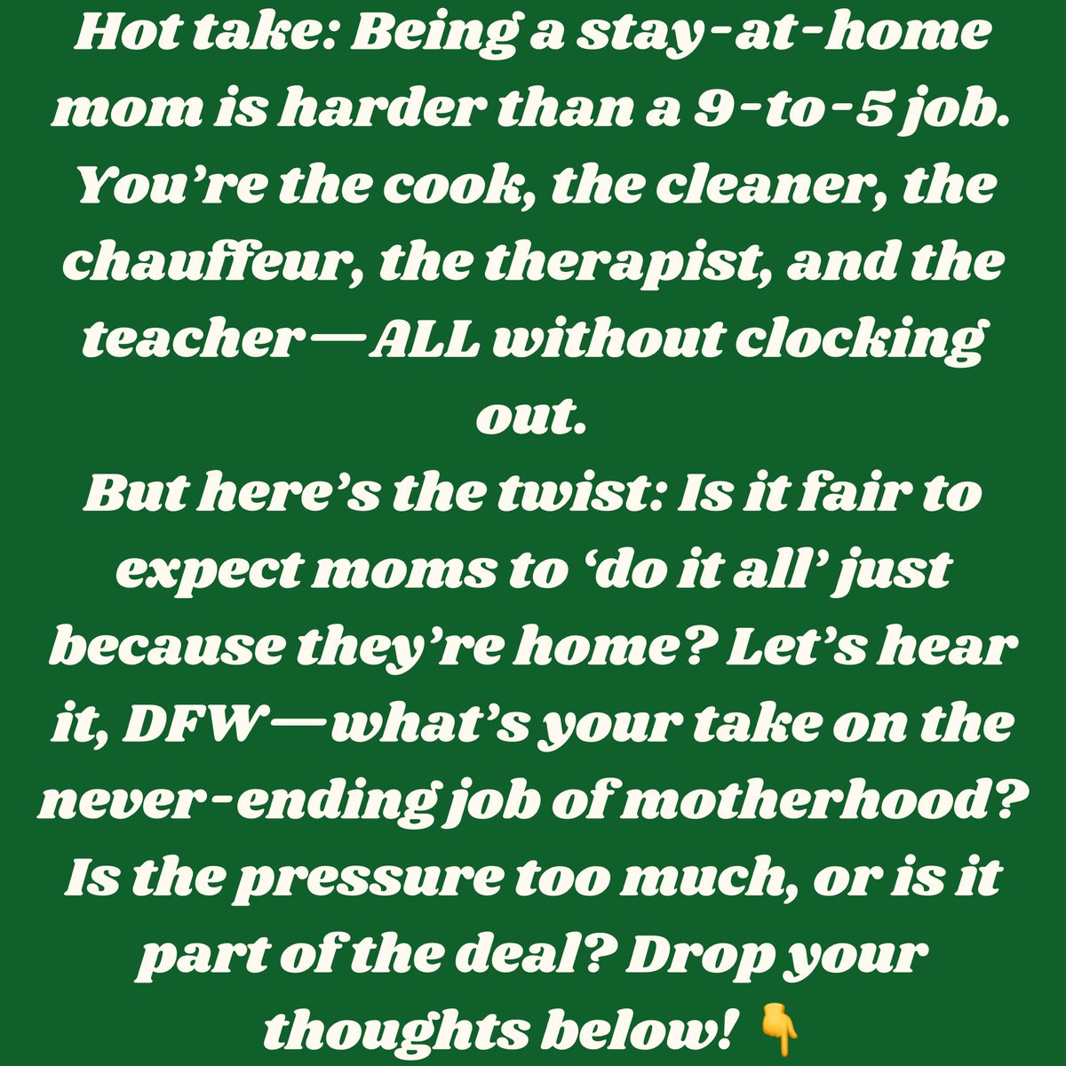 DFWBubbleBall's tweet image. Hot take: Let’s hear it, DFW—what’s your take on the never-ending job of motherhood? Is the pressure too much, or is it part of the deal? Drop your thoughts below! 👇

#StayAtHomeMomLife #DFWMoms #MomTalk #ParentingUnfiltered