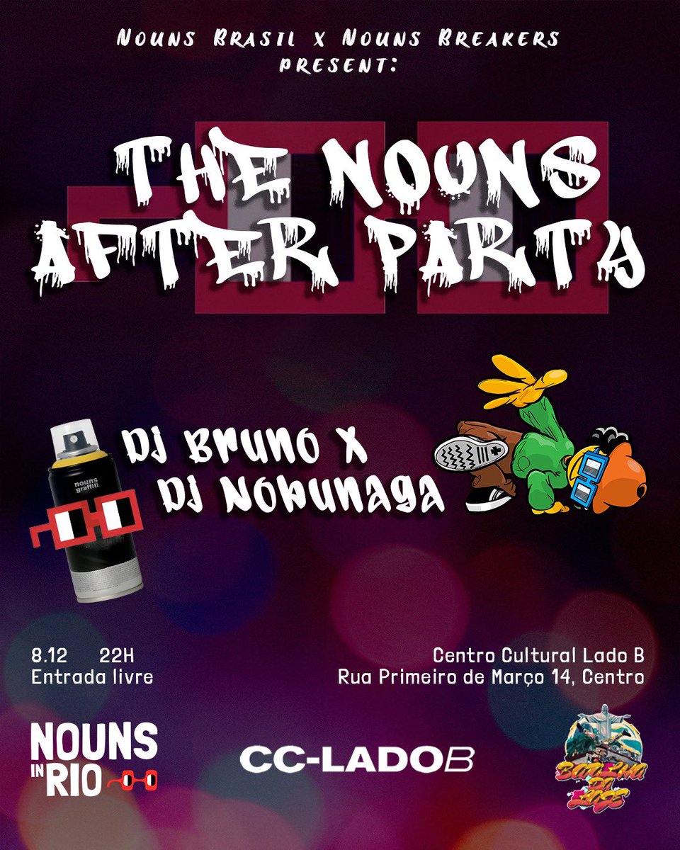 A collaboration with <a href="/nounsbr/">NounsBR</a> 🤝🏾🇧🇷

<a href="/B_BoyBebo/">Bboy Bebo</a> <a href="/BboyLlio/">Bboy Llio</a> <a href="/bboy_dtex/">bboy_dtex</a> <a href="/bboyperninha94/">Bboy Perninha</a> <a href="/monsecahue/">Monse Zavala Cahue</a> <a href="/IsisGranda/">I s i s Granda</a> <a href="/Marsue_bls/">Marsue</a> <a href="/luisgortiz22g/">ninonino_0fficial</a> will not only be competing. We’re hosting an after party for the breaking community after the RedBull BC One finals 🔥