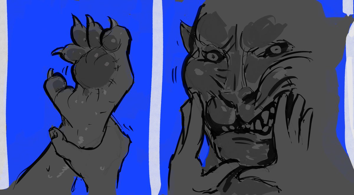 Sketch  of a  transforming werecat tolerating their overly curious  partner.
