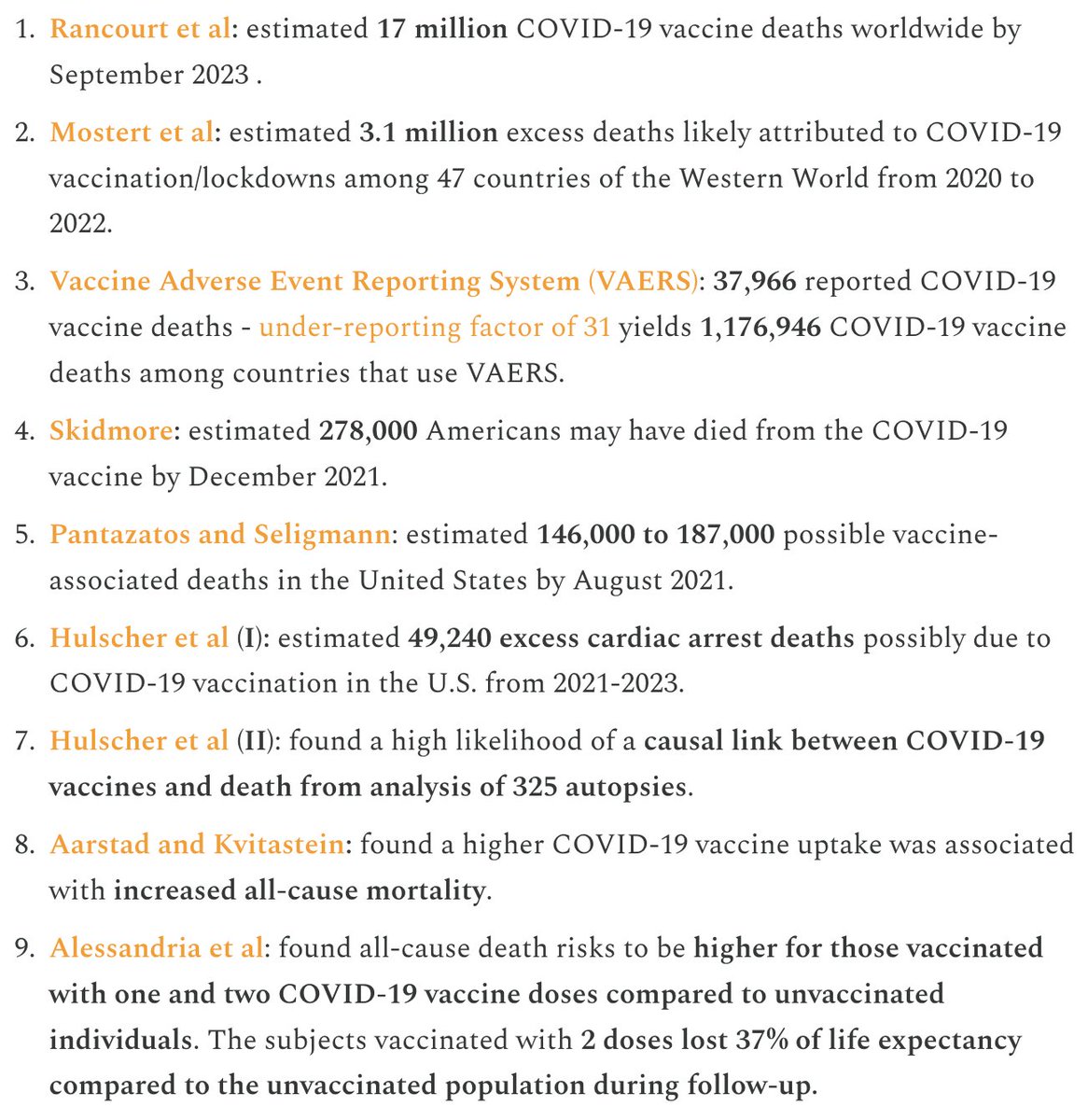 NicHulscher's tweet photo. According to our autopsy study, approximately half of the estimated 17 million people killed by COVID-19 injections likely died from serious cardiovascular adverse events, including myopericarditis leading to sudden cardiac arrest.
Hulscher N, Alexander P E., Amerling R, Gessling H, Hodkinson R, Makis W et al. A Systematic Review Of Autopsy Findings In Deaths After COVID-19 Vaccination. Science, Public Health Policy and the Law. 2024 Nov 17; v5.2019-2024