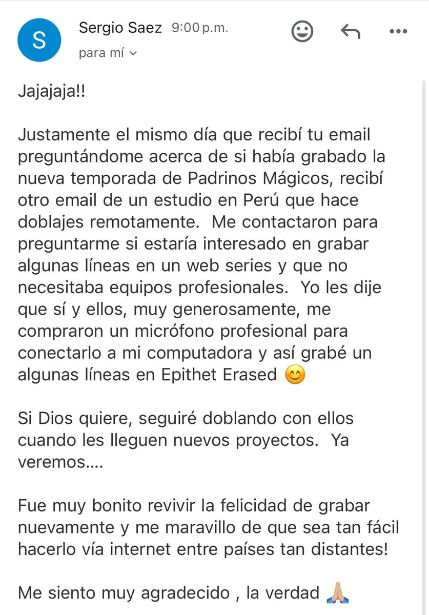 Sergio Sáez me ha confirmado que sí volvió al doblaje!!!
Una disculpa por mi reacción de hace un momento, pero entiendan que era algo casi imposible en mi mente

Además de que no tiene redes sociales publicas como para simplemente preguntar