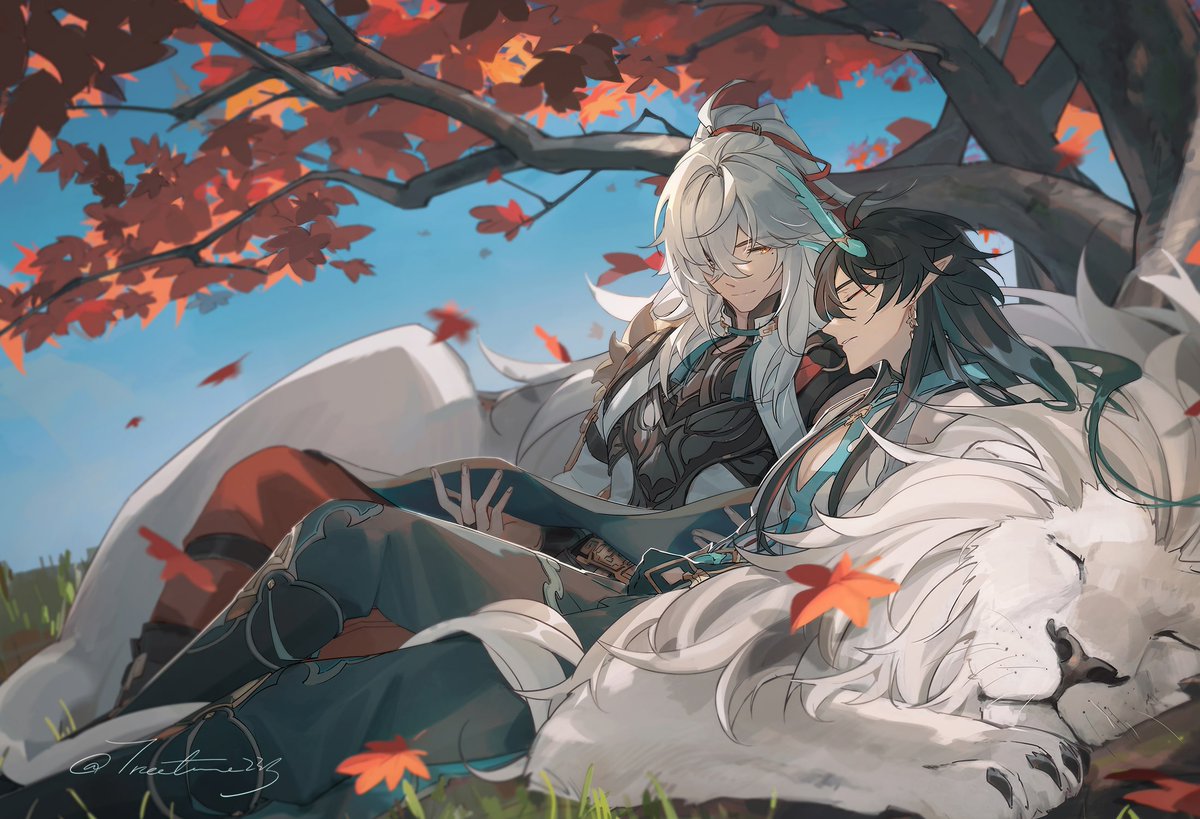 Autumn afternoon, nap time with Mimi🍃
#HonkaiStarRail
I drew two of my favorite men for <a href="/hsrjinghengjing/">Hiraeth: A JingHengJing Zine: Shipping Complete!</a>  (´▽`ʃ♡ƪ) POs are now open!! 🛒link in the thread ⏬⏬