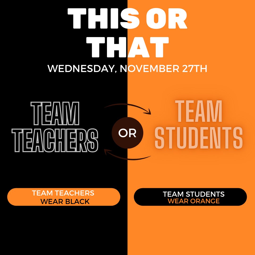 Get ready for another Spirit Week! 🎉 Next week, it’s This or That Spirit Week—a fun way to celebrate during our short week before Thanksgiving break! 🍂✨ Show your school spirit by picking a side each day.