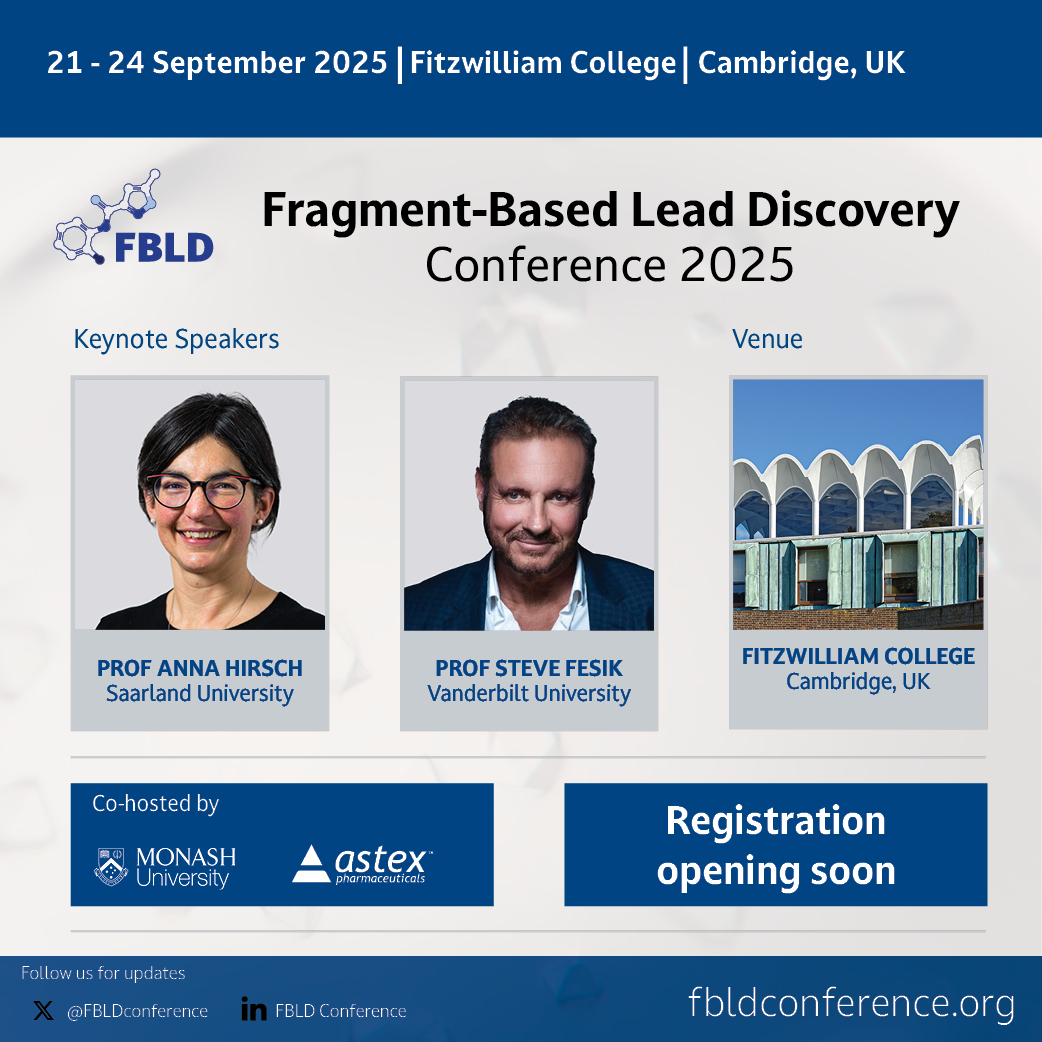 FBLD Conference (@fbldconference) on Twitter photo FBLD is returning to Europe! We are excited to host FBLD 2025 at the historical <a href="/FitzwilliamColl/">Fitzwilliam College</a> in Cambridge, UK from 21 to 24 September 2025.
The event is co-hosted by <a href="/MIPS_Australia/">Monash Institute of Pharmaceutical Sciences</a> and Astex Pharmaceuticals. Visit fbldconference.org for more details.
<a href="/HirschLab/">Hirsch Lab</a> FBLD is returning to Europe! We are excited to host FBLD 2025 at the historical <a href="/FitzwilliamColl/">Fitzwilliam College</a> in Cambridge, UK from 21 to 24 September 2025.
The event is co-hosted by <a href="/MIPS_Australia/">Monash Institute of Pharmaceutical Sciences</a> and Astex Pharmaceuticals. Visit fbldconference.org for more details.
<a href="/HirschLab/">Hirsch Lab</a>