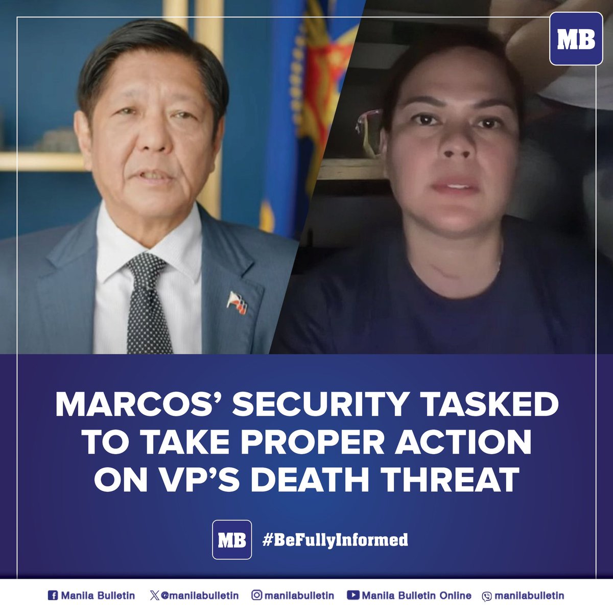 manilabulletin's tweet photo. Executive Secretary Lucas Bersamin has tapped the Presidential Security Command (PSC) to take immediate, proper action on Vice President Sara Duterte's threat on the life of President Marcos and First Lady Liza Araneta-Marcos, saying they are taking her remarks seriously.

READ: https://t.co/SXQln8Xs92