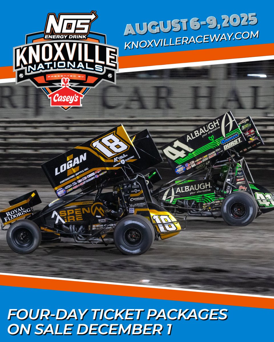 Knoxville Raceway (@knoxvilleraces) on Twitter photo Reminder that Four-Day Ticket Packages for the 2025 <a href="/NosEnergyDrink/">NOS Energy Drink</a> Knoxville Nationals presented by <a href="/caseysgenstore/">Casey's</a> go on sale to the public in one week on December 1. Reminder that Four-Day Ticket Packages for the 2025 <a href="/NosEnergyDrink/">NOS Energy Drink</a> Knoxville Nationals presented by <a href="/caseysgenstore/">Casey's</a> go on sale to the public in one week on December 1.