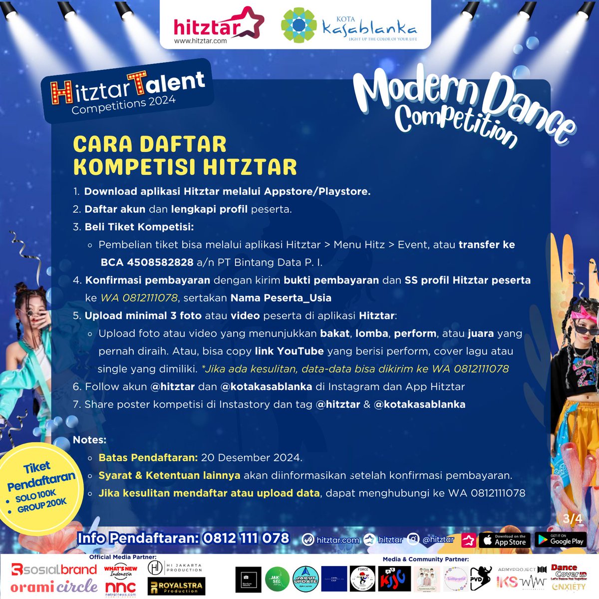1twinkleproject's tweet photo. [MEDIA PARTNER]

✨HITZTAR MODERN COMPETITION✨ *Kuota Terbatas

Kategori Solo/Group (terbuka untuk umum)
Tema Dance: Modern / K-Pop / HipHop

🎉 Total Hadiah: Rp 12JT++
•Cash + Trophy + Pro Member Hitztar + Certificate

#eventkpop https://t.co/Zx2NUI49BH