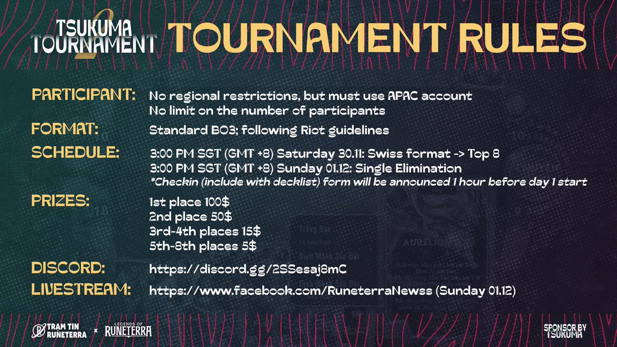 【TSUKUMA TOURNAMENT 2】 
2024.11.03(SAT) - 2024.12.01 - 03:00pm (SGT)

A new <a href="/PlayRuneterra/">Legends of Runeterra</a> tournament for APAC players.
Register here: docs.google.com/forms/d/e/1FAI…

If you have any questions, please contact me via discord: discord.com/invite/DmxDzCr…