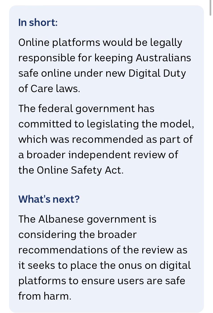 MadsMelbourne's tweet photo. Australia has a fight on its hands! 

If the relentless attack on our basic human rights of freedom of speech wasn’t enough. Next year Australians will be hit with yet another piece of legislation aimed to regulate online social media content!

The Digital Duty of Care Acr will mean platforms have to continually assess and take preventative action to mitigate potential mental harm risks. Any companies found breaching the Act could face fines of 6% of their annual turnover. 

This legislation is seperate to the misinformation and social media bans and will aim to prevent any potential risks to online users before they happen. 

1984 thought police here we come!