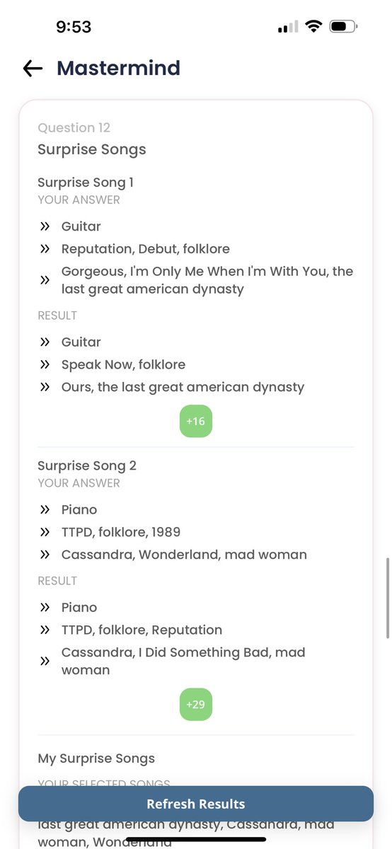 Faith_56512's tweet image. I’ve been doing terrible on the rest of it but I can’t believe I actually did good on this for once!! #swiftalert #mastermind #mastermindgame #ErasTour #ErasTourToronto