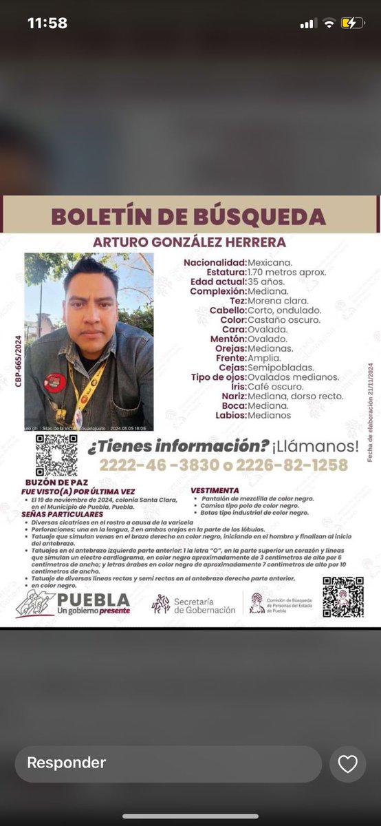 laredcincoradio's tweet photo. #ServicioSocial 🔎|| Se solicita la ayuda de la ciudadanía para localizar a Arturo González Herrera, fue visto por última vez el día 19 de noviembre en la colonia Santa Clara, Municipio de Puebla. #Desaparecido #SeBuscaA #Localiza https://t.co/K3Kq1rzOW1