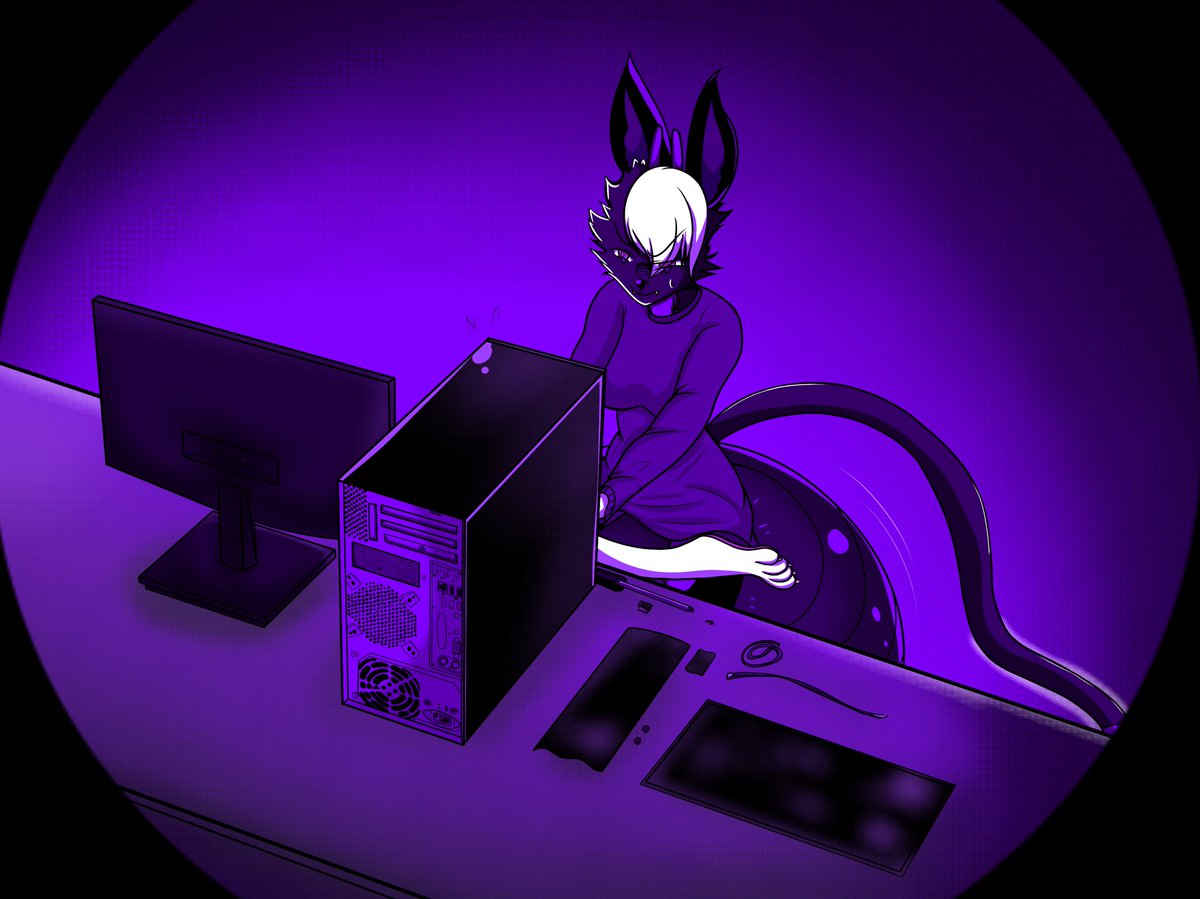 FuzzyPuffLogs's tweet photo. Daily Post-Commission 
*Choppy internet so had to wait till this storm bypass…

[PC Fix it]

*one of a few mono-tone themed drawings(this ones purple)

Rule No.1 of fixing/upgrading your rig: REMOVE ALL PLUGS/CORD PORTS(if detachable)before servicing your stuff.🥸📝 https://t.co/TIsbhebMD4