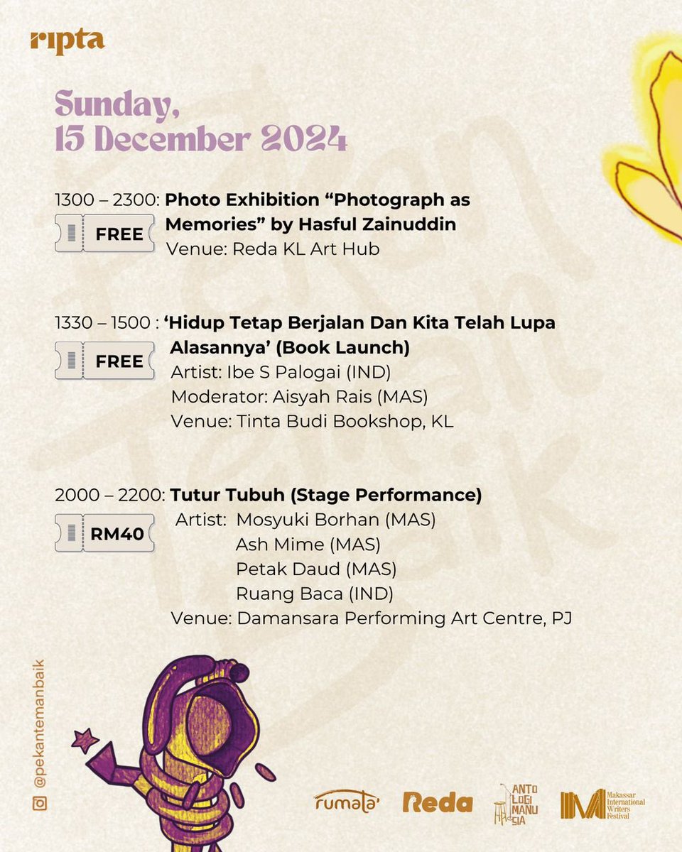 maingayong (@maingayong) on Twitter photo <a href="/rumahripta/">Rumah Ripta 🇲🇾</a> "Hmm... kenapa Pekan Teman Baik buat time weekday? Susah lah nak join. Esok kerja."
JANGAN RISAU!
Kan ada 6 hari?
Acara ni turut berlangsung pada hari Sabtu dan Ahad.
Paling ngam, ada 3 acara persembahan yang best untuk korang tengok.
Dan free photo exhibition!
Jom turun? <a href="/rumahripta/">Rumah Ripta 🇲🇾</a> "Hmm... kenapa Pekan Teman Baik buat time weekday? Susah lah nak join. Esok kerja."
JANGAN RISAU!
Kan ada 6 hari?
Acara ni turut berlangsung pada hari Sabtu dan Ahad.
Paling ngam, ada 3 acara persembahan yang best untuk korang tengok.
Dan free photo exhibition!
Jom turun?