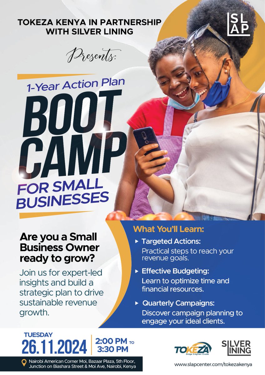 GeraldKyalo's tweet photo. 🚀 Small Business Owners, Ready to Grow? 🌟

Join Tokeza Kenya &amp; Silver Lining for the 1-Year Action Plan Boot Camp on 26th Nov 2024 (2–3:30 PM) at Bazaar Plaza, Nairobi.

👉 Register: https://t.co/ZBa84ZMQJo

#BusinessBootCamp #SmallBusinessGrowth https://t.co/oQ3HT0vGrM