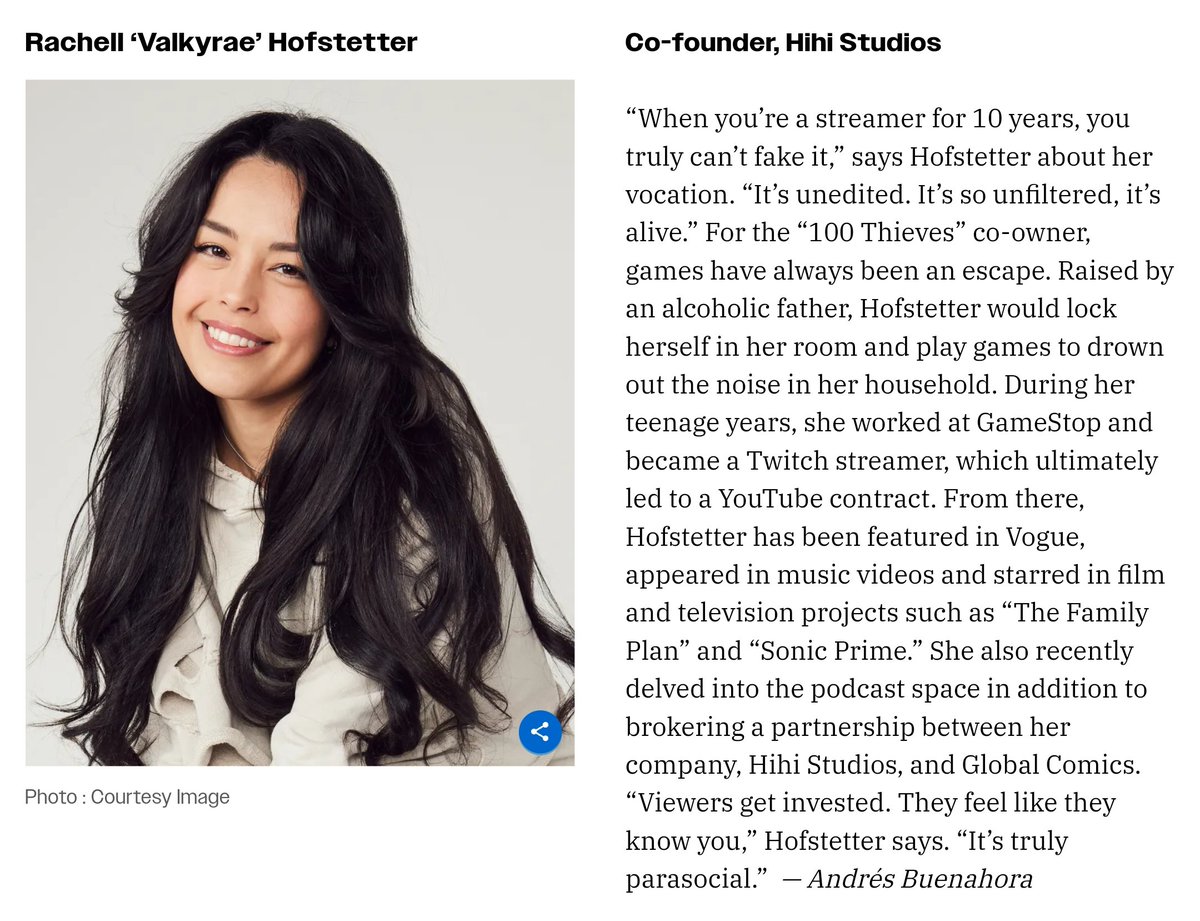 ValkyraeUpdates's tweet photo. Valkyrae is featured in this Variety article!

"Lucasfilm, Microsoft, Kojima Productions Execs Top Variety’s Entertainment Gaming Leaders List" https://t.co/HJwYSnhH8W