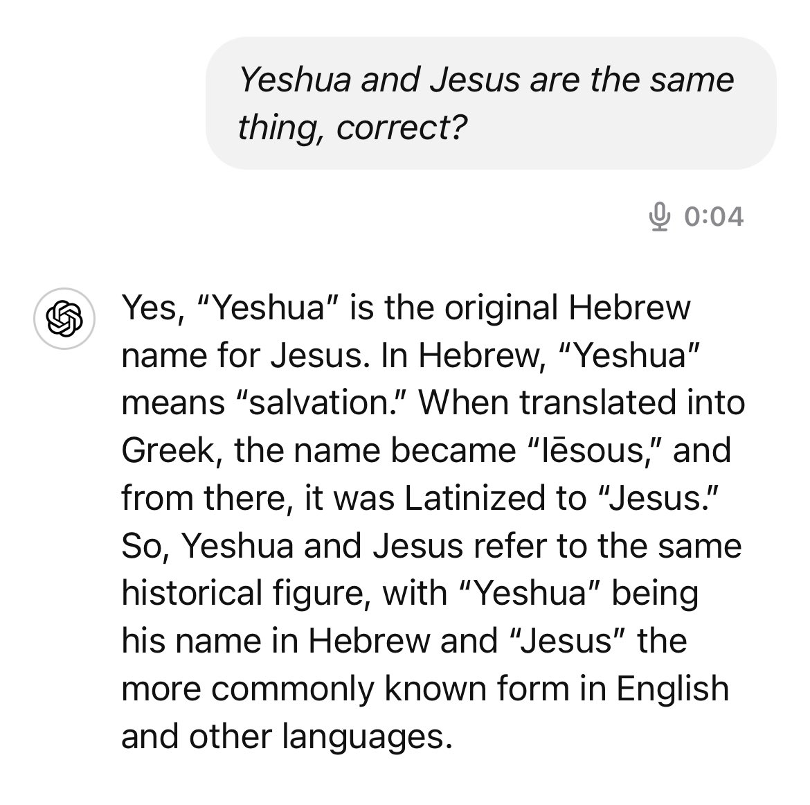RenSnowder86682's tweet photo. Yeshua and Jesus are the same thing, correct? #askai #ai #Bible https://t.co/DUDHntZZMN