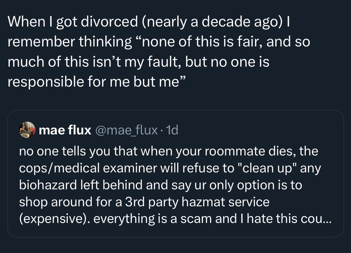 no_earthquake's tweet photo. saying “your roommate dying is a lot like my divorce” to make a point abt personal responsibility might be the wildest tweet ive read today https://t.co/BfSnV0PokG