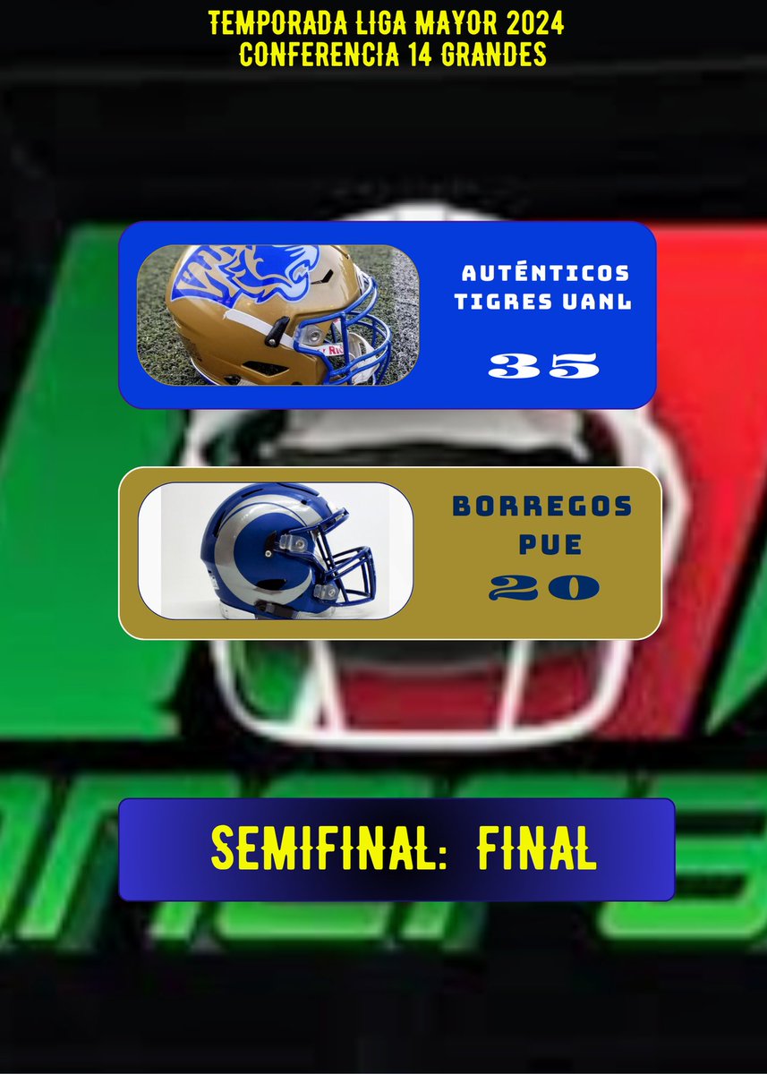 serimasmx's tweet photo. *ONEFA: Auténticos Tigres UANL vs Borregos PUE*

Los felinos de San Nicolás de los Garza llegaron a su tercera final consecutiva de los 14 Grandes, al derrotar en la primera semifinal a los Borregos PUE, que de nueva cuenta se quedaron en la orilla por buscar el título. https://t.co/u4jiAwWq3J