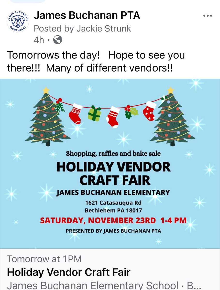 Tomorrow is the Day!!!   Come support the many Vendors at the JBES Craft Fair!  <a href="/buchanan_es/">JamesBuchananES</a> <a href="/BethlehemAreaSD/">BASD</a>