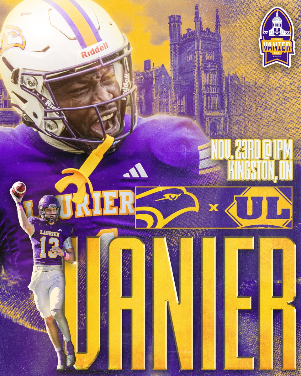 It's time for the final piece.

<a href="/LaurierFootball/">Laurier Golden Hawks Football</a> 🆚 <a href="/rougeetor/">Rouge et Or</a> 
⌚️ 1PM
📍 Richardson Stadium, Kingston
📺 <a href="/CBC/">CBC</a> 
💻 <a href="/cbcsports/">CBC Sports</a> 
📱 <a href="/cbcgem/">CBC Gem</a> 

#VanierCup • #SoarAbove