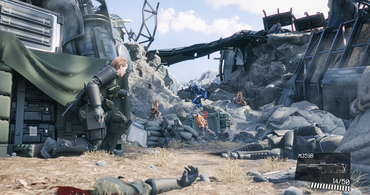 Veleinen's tweet image. Sneaking around a crash site.
Another MGSV-like.
#halo #b3d
