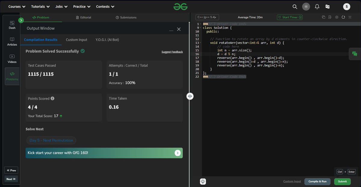 starlet_dev_'s tweet photo. 🚀Day : 4/160 
POTD : Rotate Array.   
#gfg160 
#geekstreak2024 
#womenintech   
@geeksforgeeks

Three lines of code and done with Rotate Array (❁´◡`❁) https://t.co/jGeSc0VP3U