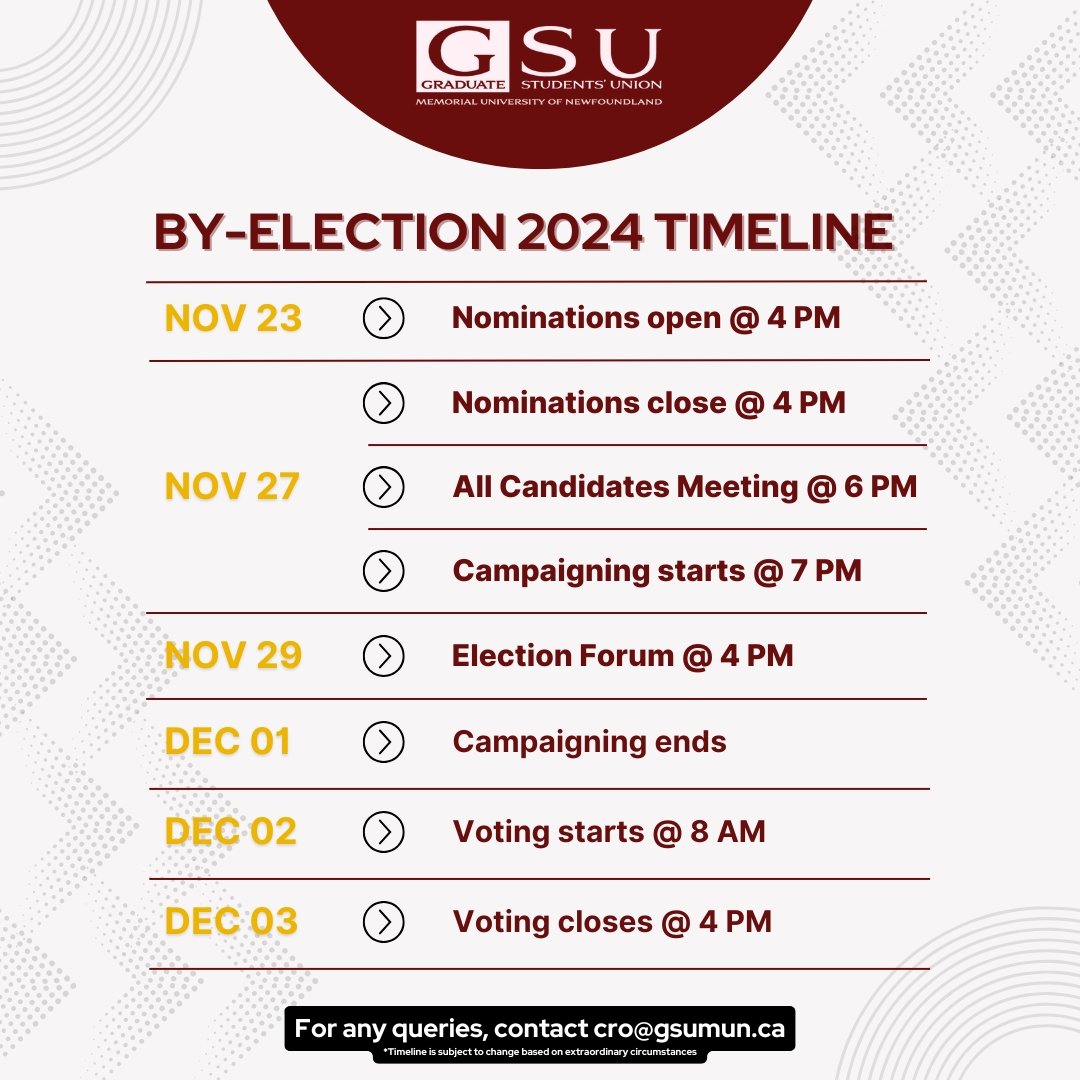 GSU has an opportunity for the students to nominate and elect one individual for the position of Executive Director of Communications. Check out the details here gsumun.ca/elections-2024

Open for all graduate students enrolled till April 2025. It is paid position for 20hrs/week.