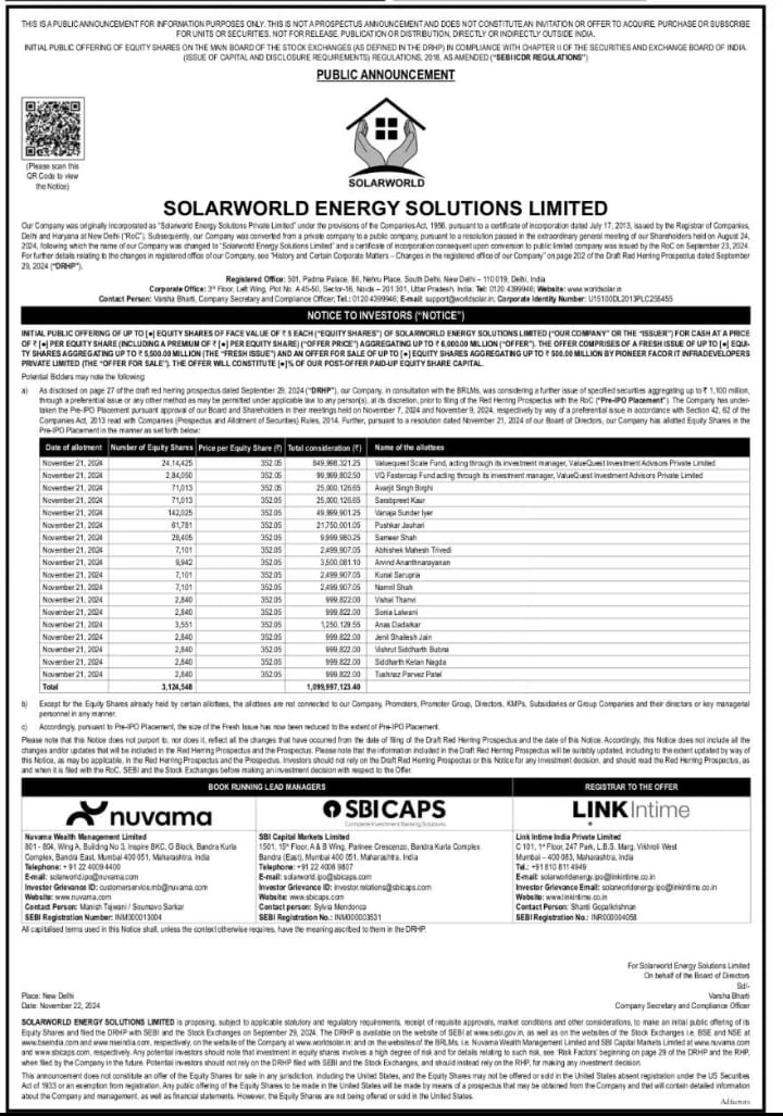 ipowatch_info's tweet image. 📢Pre-IPO Placement for #SolarWorld Energy Solutions Limited. 

The company offered 3,124,548 equity shares to specific investors at a price of ₹352 per share.

•This raised a total of ₹1,099,997,123.40 (approx. ₹110 crore).

#IPO #IPOWatch #IPOAlert #iponews #ipoupdates