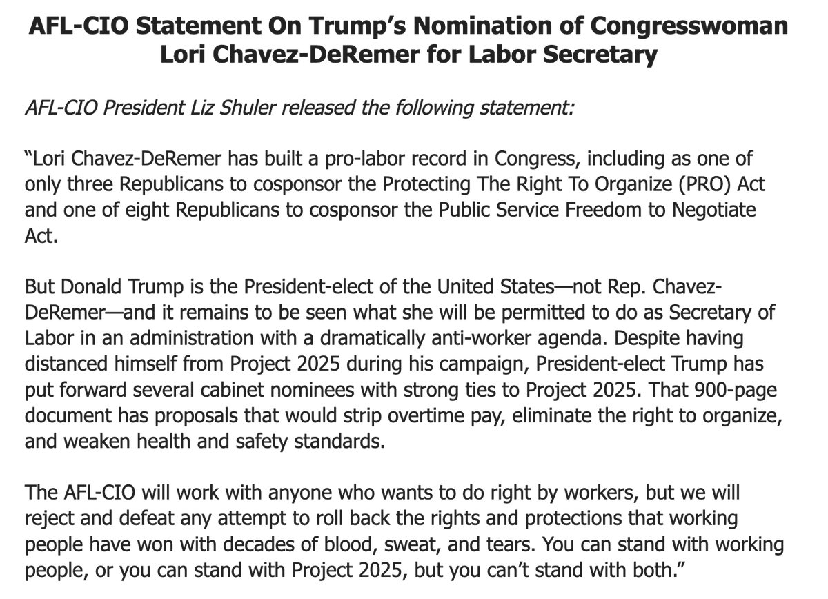 noamscheiber's tweet photo. Statement from AFL President Liz Shuler reflects the ambivalence of organized labor toward Trump's labor sec nominee. https://t.co/uYwcMV5pQ6
