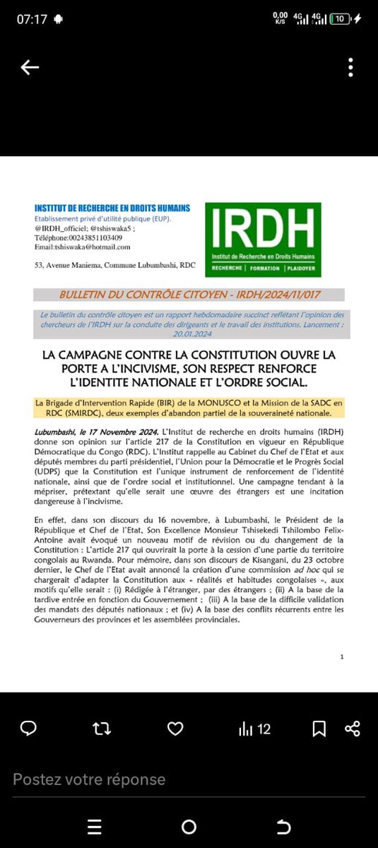 JeanRenLwamba1's tweet image. On interprète pas une disposition constitutionnelle parce qu&apos;on est membre d&apos;un parti politique; car l&apos;intérêt de la nation est en jeu. Que ceux qui en ont la maîtrise le fasse !
Je vous renvoie à ce bulletin du contrôle citoyen de l&apos;@IRDH_Officiel avec Maître @tshiswaka5 
#JNLP