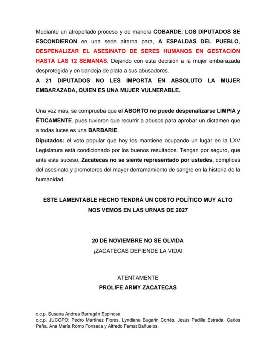 Comunicado ProLife Army Zacatecas
Sobre la despenalización del aborto en el Estado. 📜
